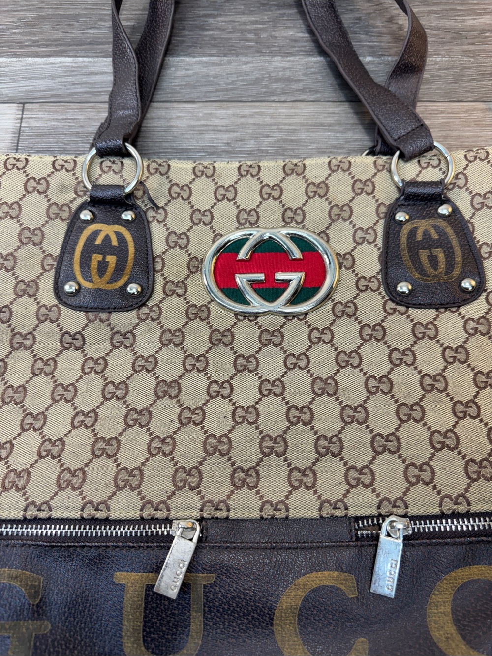 Beige Brown GG Canvas Tote with Red Green Emblem - Picture 2 of 10